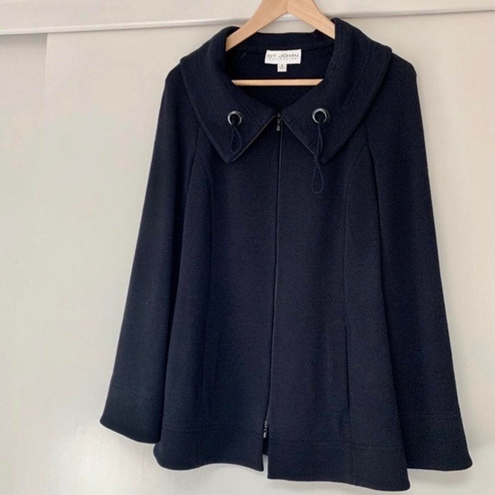 St John Collection Navy Blue Santara Wool Knit Zip Up Jacket Size 2 USA Made